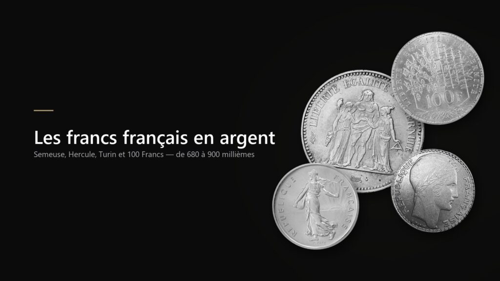 Pièces d'argent françaises : 50 Francs Hercule, 100 Francs, 5 Francs Semeuse et 20 Francs Turin sur fond noir