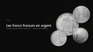Pièces d'argent françaises : 50 Francs Hercule, 100 Francs, 5 Francs Semeuse et 20 Francs Turin sur fond noir