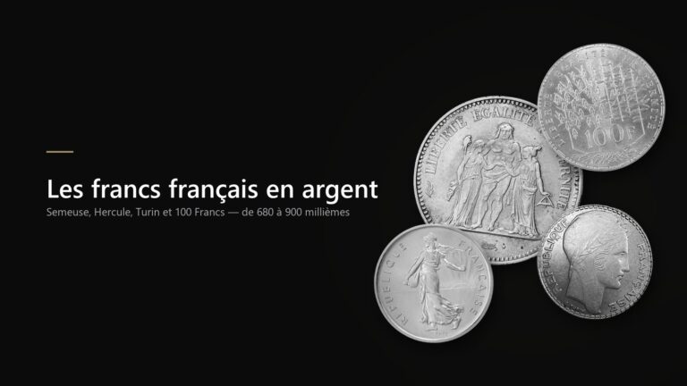 Pièces d'argent françaises : 50 Francs Hercule, 100 Francs, 5 Francs Semeuse et 20 Francs Turin sur fond noir