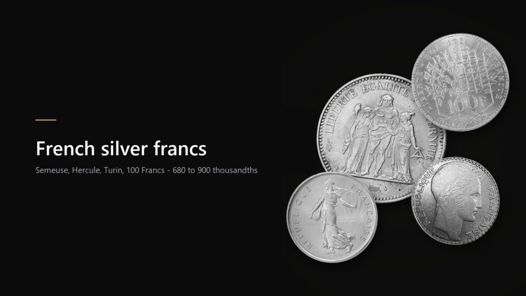 French silver coins: 50 Francs Hercule, 100 Francs, 5 Francs Semeuse and 20 Francs Turin on a black background