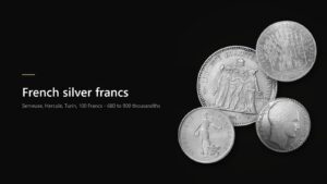 French silver coins: 50 Francs Hercule, 100 Francs, 5 Francs Semeuse and 20 Francs Turin on a black background