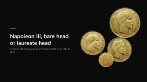 Three Napoleon III gold coins, a 100 francs and two 50 francs bare head and laureate head, with a 5 francs